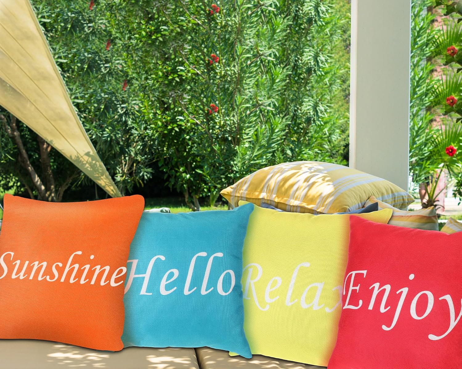 4 Pack Decorative Outdoor Throw Pillow Covers 18x18 Inch Polyester Waterproof Square Pillow Covers Relax Hello Enjoy Sunshine Pillowcases Cushion Cover for Patio Farmhouse Garden Couch Chair