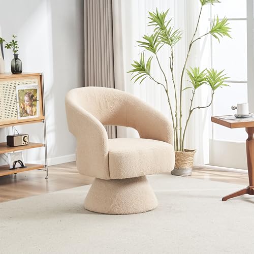 Swivel Accent Chair, Modern Teddy Fabric Upholstered Armchair Small Chair, Comfy Single Sofa Chair with 360 Degree Swiveling, Lounge Accent Arm Chairs for Living Room Bedroom, Beige