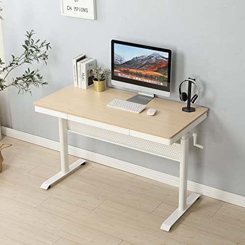 Standing Desk with Metal Drawer White Tabletop Computer Desk Adjustable Height 29.5''-47.6'' Stand up Desk Sit Stand Home Office Writing Desk Ergonomic Workstation, Weight Capacity 220 lbs