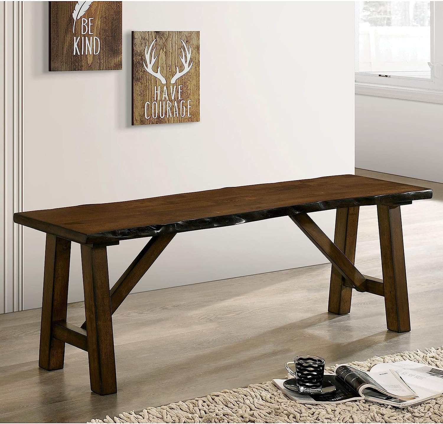 Wooden Dining Bench with Live Edge Design, Walnut
