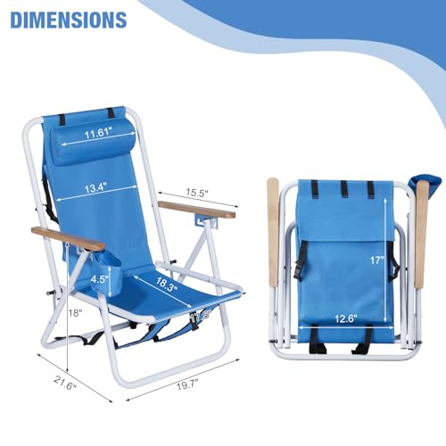 Backpack Beach Chairs for Adults 2 Pack w/Backrest Adjustment & Backpack Straps,Extra Wide & Comfortable Tall Beach Chairs w/Cup Holder,Portable Reclining Chairs for Beach,Camping,Travel