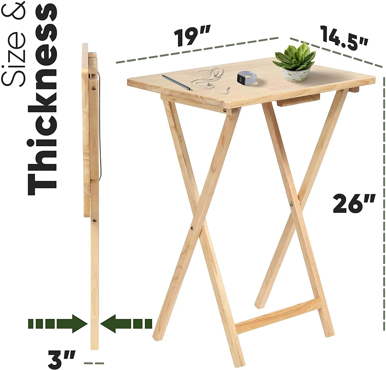 Rectangle Folding Portable TV Snack Serving Tray Table, Solid Wood Construction with Natural Finish, 2 Piece Set