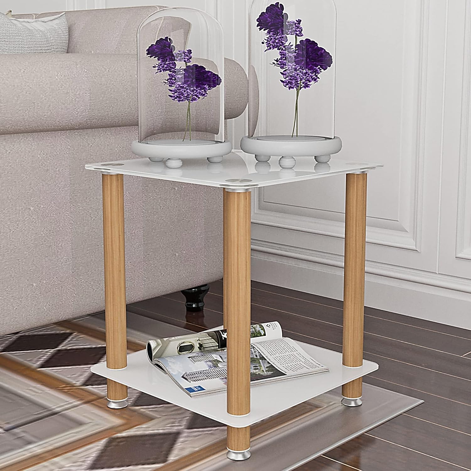 2-Piece White+Oak Side Table, 2-Tier Space End Table,Modern Night Stand, Sofa table, Side Table with Storage Shelve