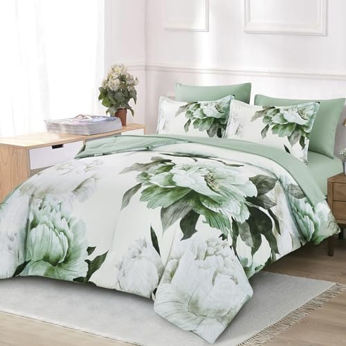 Teal Comforter Set King 7 Piece Bed in a Bag, Teal Blue Floral Printed Comforter Set with Sheets, Soft Microfiber Botanical Complete Bedding Set for All Season