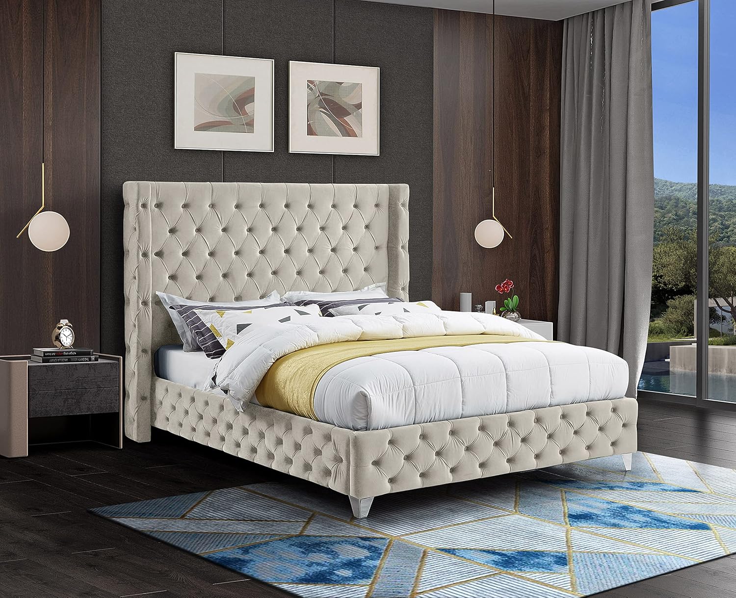 Meridian Furniture Savan Collection Velvet Upholstered Bed with Deep Button Tufting in Gold or Chrome Finish, King, Cream