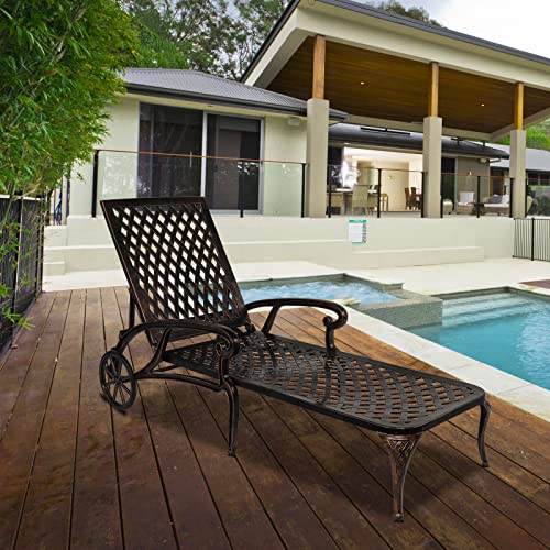 VINGLI Cast Aluminum Outdoor Chaise Lounge Chair with Wheels, Patio Chaise Lounge with 3-Position Adjustable Backrest, Outdoor Tanning Chair Patio Lounge Chair (Black, without cushion)