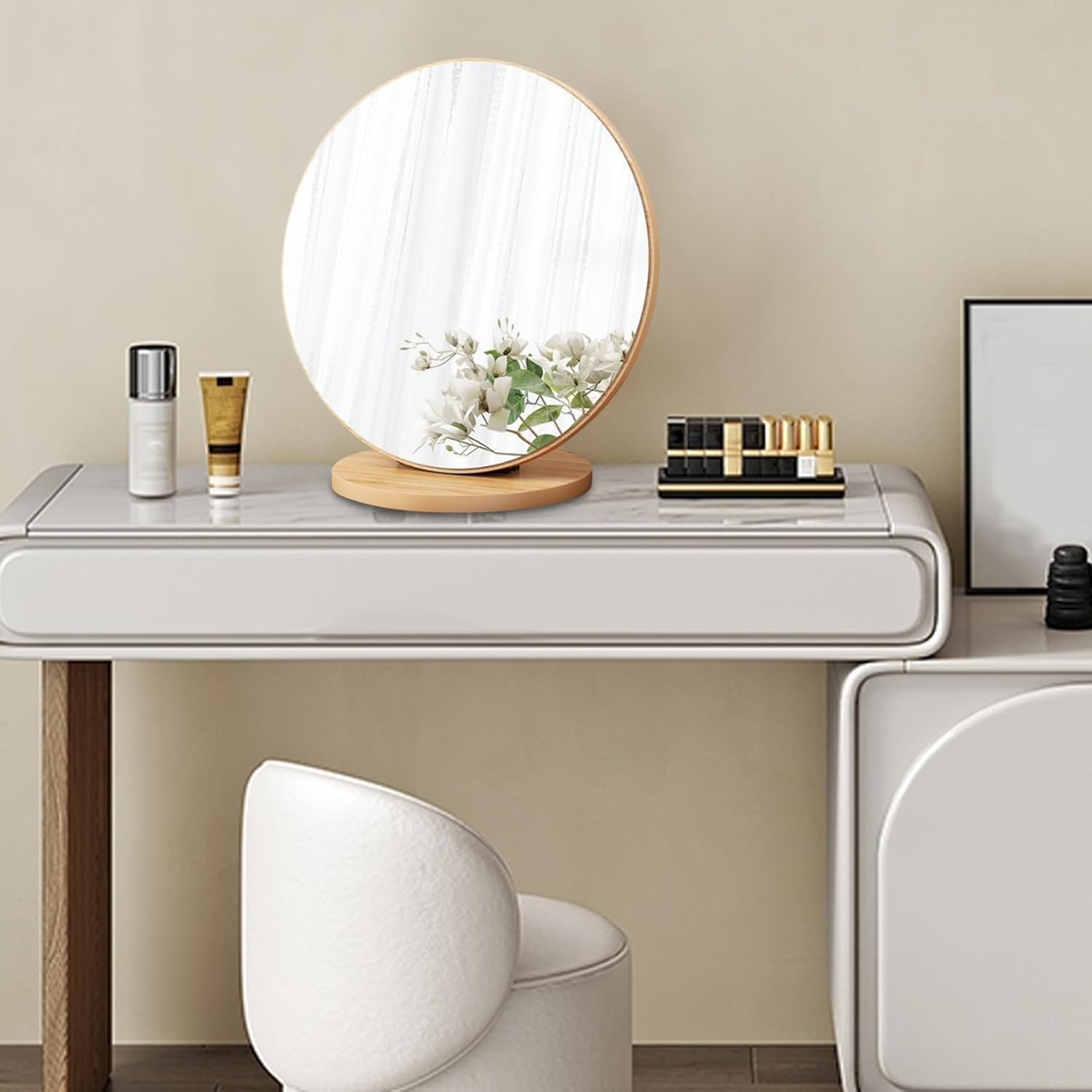 Makeup Mirror Dressing Table Mirror Wooden Base Round Makeup Mirror 90° Rotary Vanity Mirror 11.8in High Definition Table Top Mirror for Home Dorm Bedroom