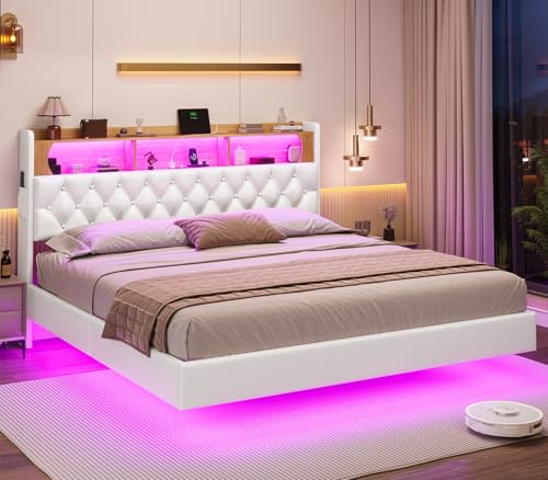 ADORNEVE Floating Queen Bed Frame with LED Lights & Storage Headboard, Leather Upholstered Floating Platform Bed with Charging Station, Modern LED Floating Bed, No Box Spring Needed, PU White