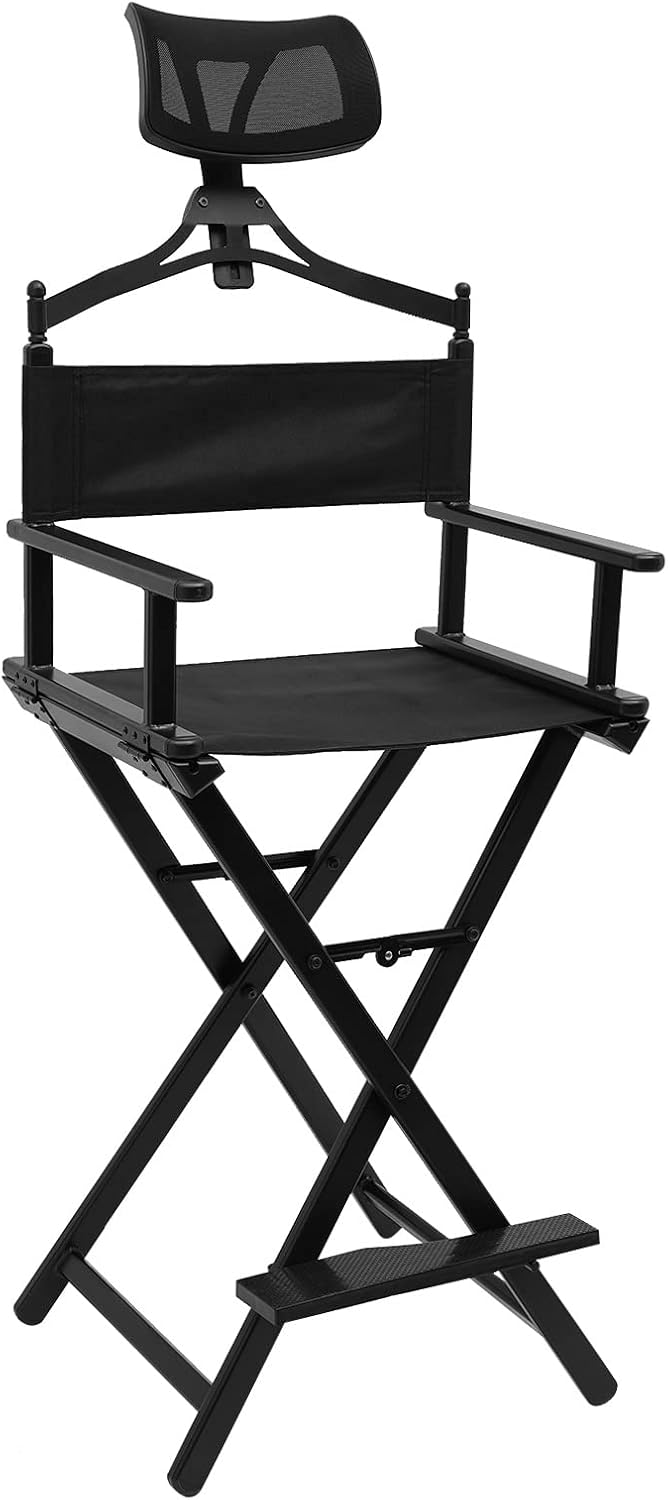 Foldable Makeup Artist Stool Chair, Protable Tall Folding Directors Chair, Aluminum Makeup Chair with Head Rest for Studio Salon Vanity, Bar Height - Black Chair