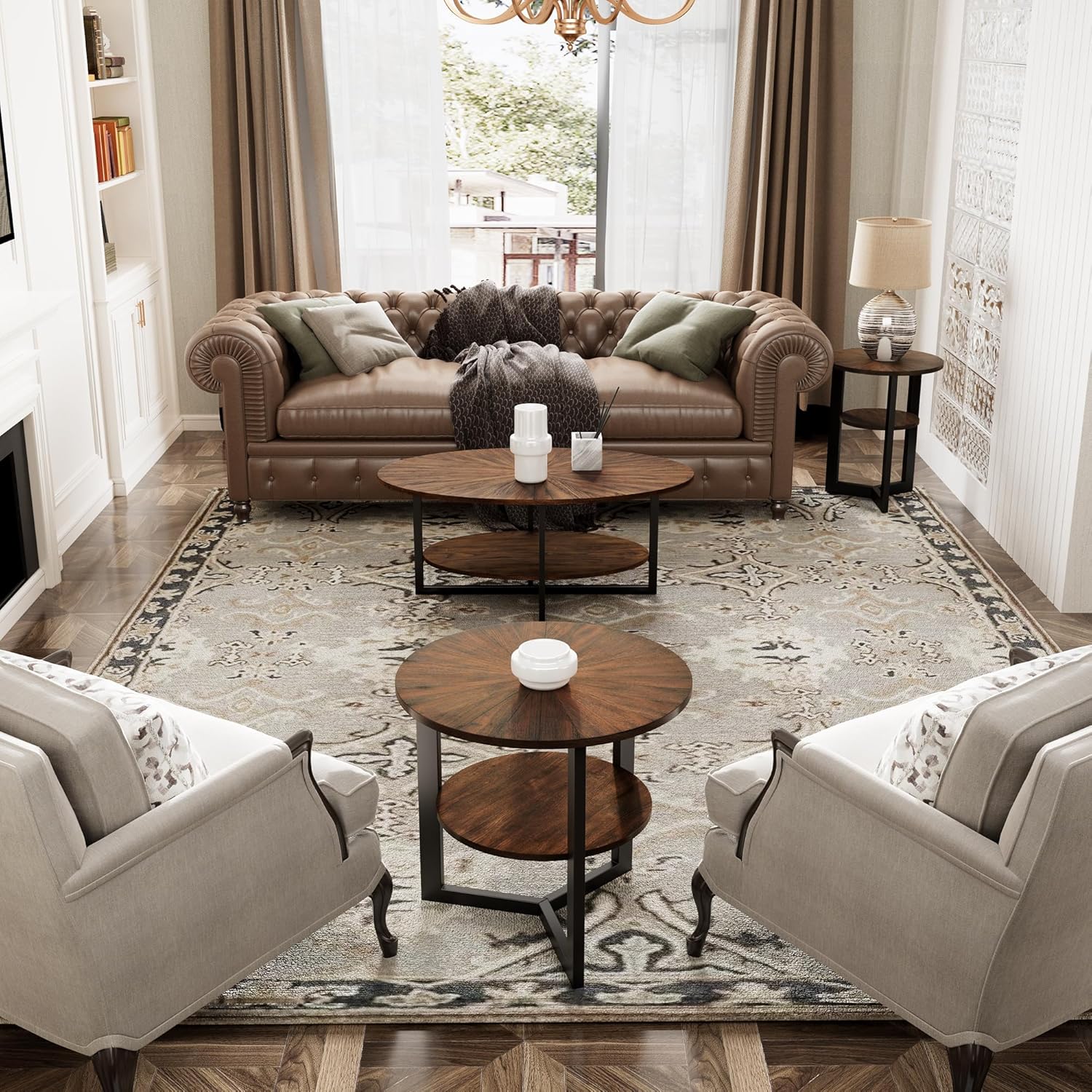 Solid Wood Coffee Table End Table Set with Cross Metal Legs, 2-Tier Modern Industrail Center Table with Open Shelf for Living Room Bedroom