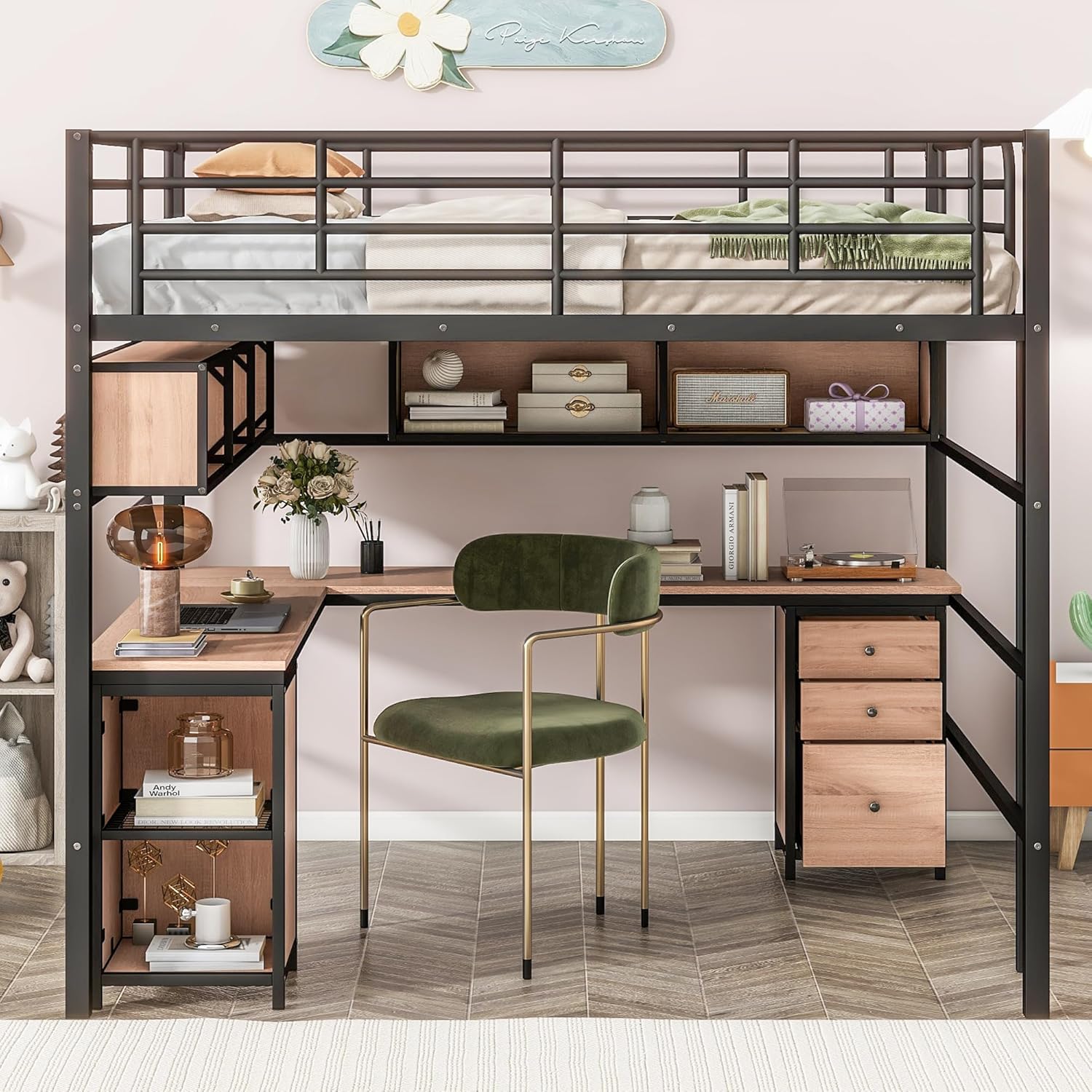 Full Metal Loft Bed with L-Shaped Desk, Bookcase and Storage Cabinet, Heavy Duty High Loftbed Frame with Shelves and Ladder, for Kids Teens Adults Bedroom, Full Size, Black