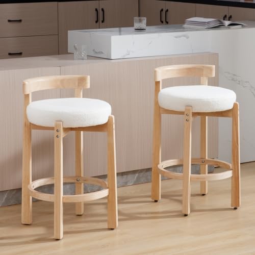 Mid-Century Bar Stools Set of 2, 26.5 Inch Linen Counter Height Upholstered Barstools Bar Chairs with Solid Wooden Legs for Kitchen Island Dining Room, Beige
