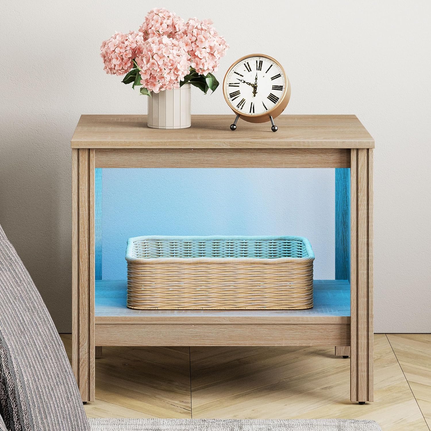 WAMPAT Side Table Small End Table for Bedroom, LED Wood Nightstand with Storage for Living Room, Office, Oak