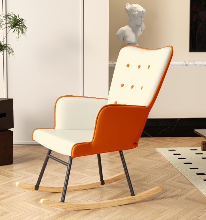 Glider Rocking Chair Nursery Comfy Accent Chair with High Back Faux Leather Living Room Chairs Color Button Tufted Armchair Reading Chair for Bedroom Nursery Office, Cream+Berry Blue