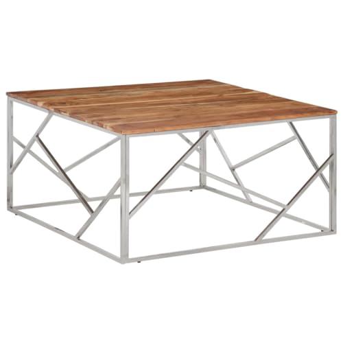 Coffee Table Silver Stainless Steel and Solid Wood Acacia,Durable Acacia Wood and Stainless Steel Square Coffee Table for Living Room Accent Coffee Tables for Home & Kitchen