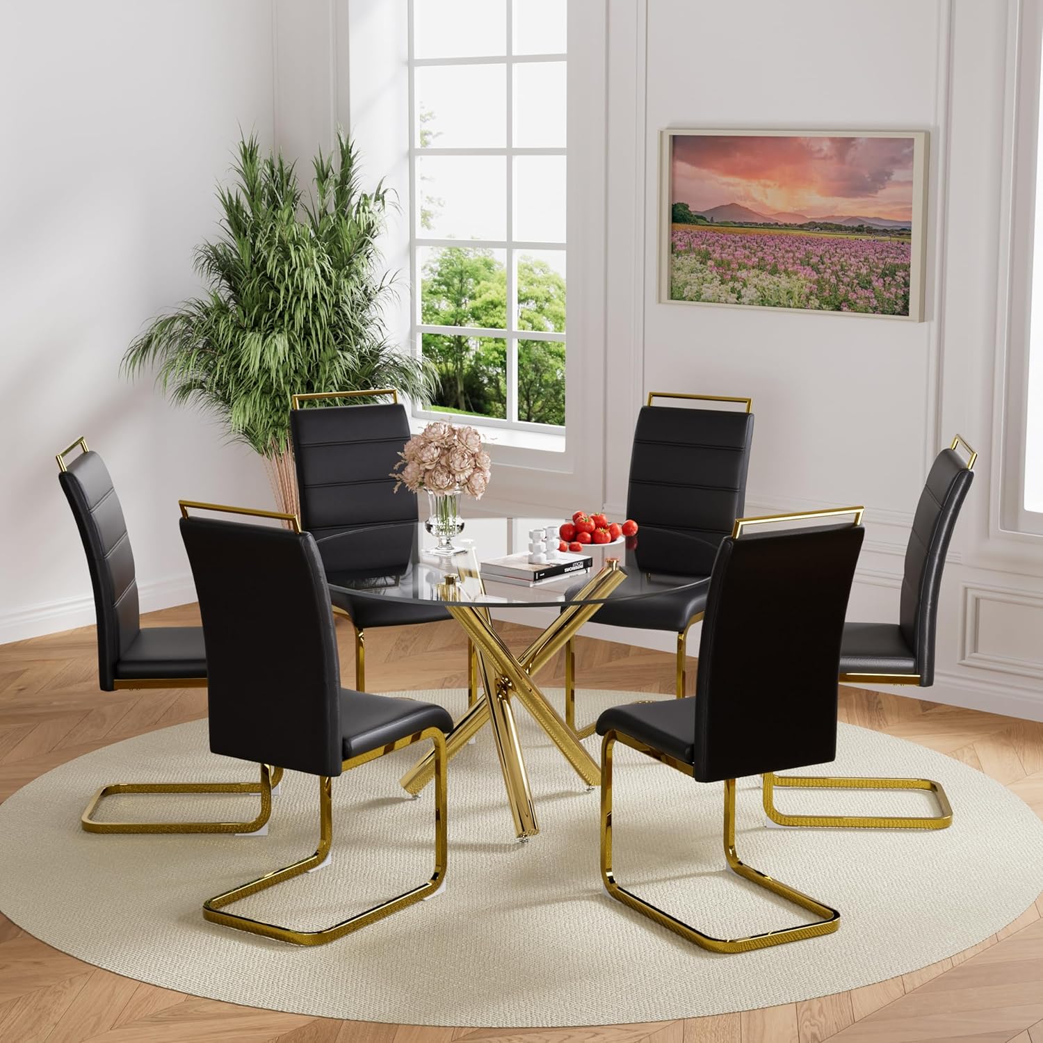 Round Glass Dining Table Set for 6, 7 Pcs Mordern Circle Dining Table Set with Black PU Faux Upholstered Dining Chairs, 47'' Retro Glass Dining Room Table Set for Kitchen