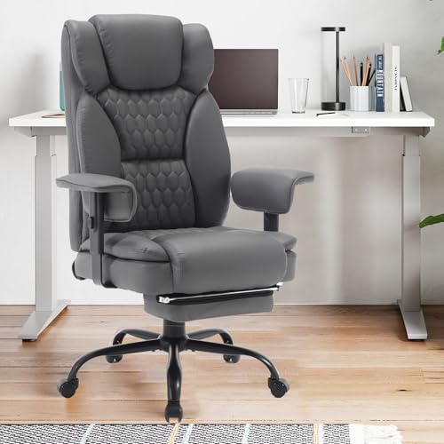 KCREAM Big and Tall Office Chair 500 LBS with Footrest,Reclining Office Chair Ergonomic High Back Computer Desk Chair with Lumbar Support,Wide Seat,Leather Executive Office Chair for Heave People,Grey