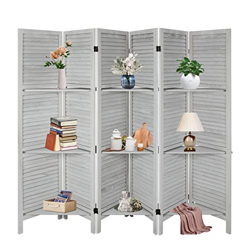 Room Divider with Shelves, 4 Panels Room Dividers and Folding Privacy Screens, Folding Room Screens, Freestanding Portable Wall Divider, Wood Dividers with Display Shelves, Brown