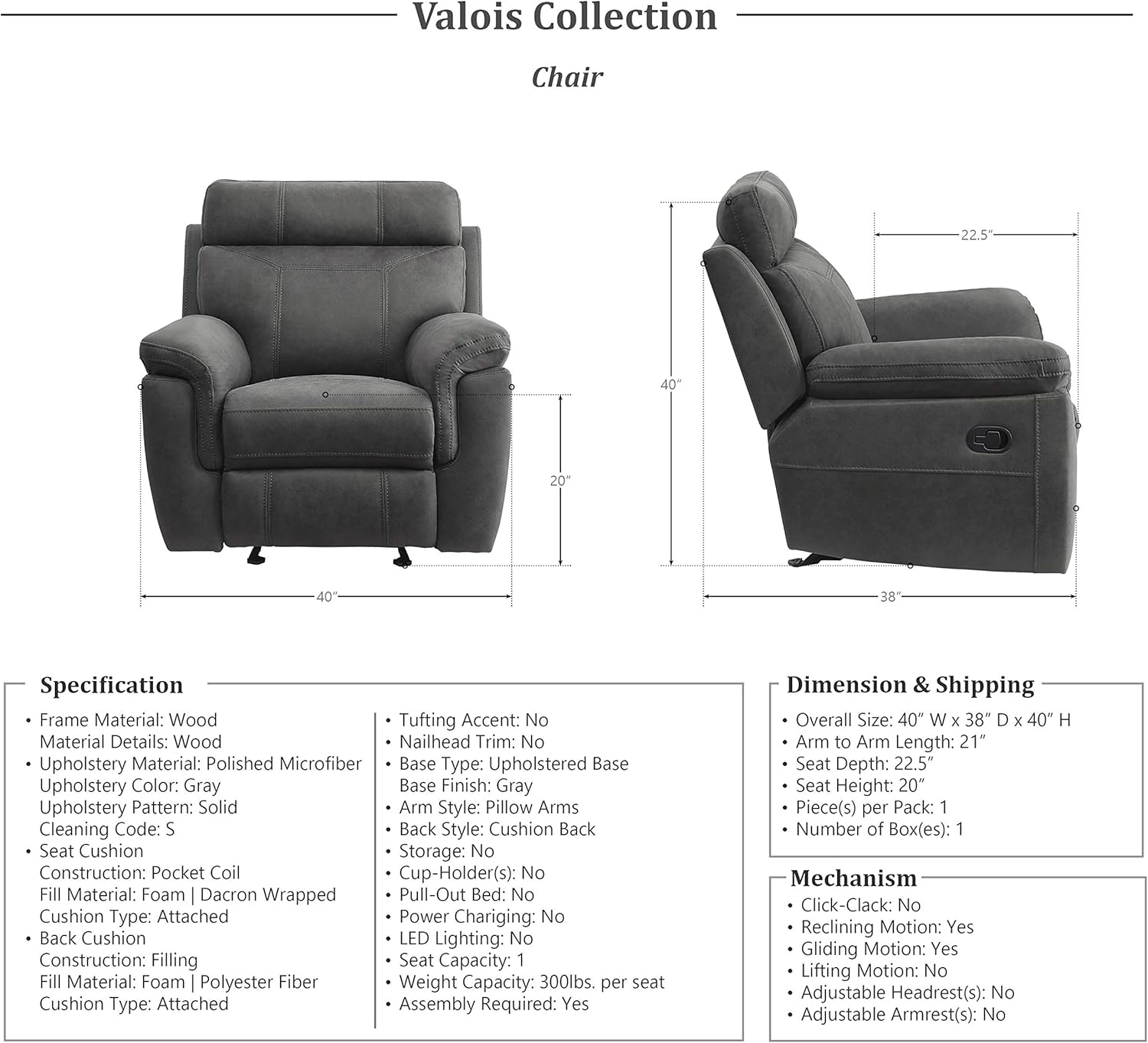 Lexicon Valois 3-Piece Reclining Living Room Set, Gray