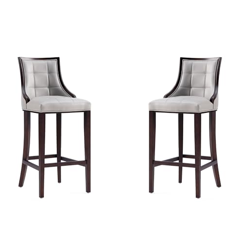 Manhattan Comfort Fifth Avenue Faux Leather Bar Stools with Backrest, Rectangular Design Stitching, Foam Padding & Solid Beech Wood Frame, Fully Assembled Barstool, Set of 2, Cream