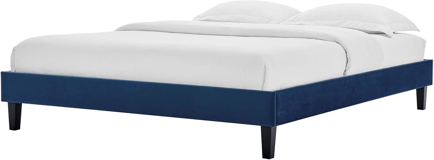 Platform Bed Frame, King Size, Velvet, Blue Navy, Modern Contemporary, Bedroom Master Guest Suite