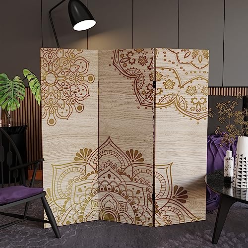 Red Lantern 2 ft. Short Double Sided Mandala on Oak Canvas Folding Screen 4 Panel Freestanding Partition and Separator for Modern and Contemporary Bedroom, Home Office, Studio, Dorm, Apartment