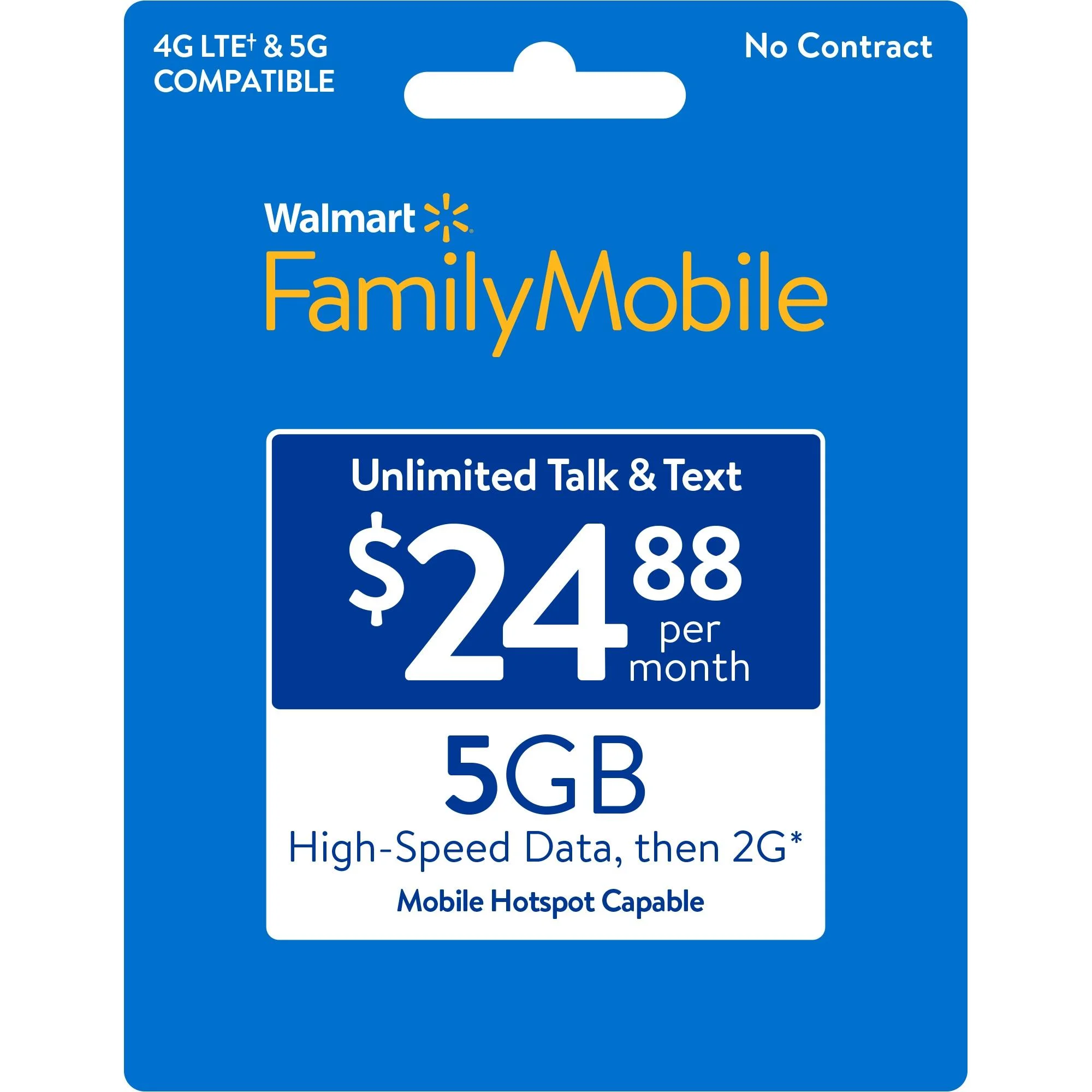 Walmart Family Mobile $24.88 Unlimited Talk & Text Monthly Prepaid Plan (5GB at High Speed, then 2G*) Direct Top Up