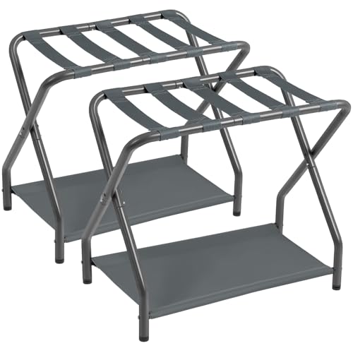 AMHANCIBLE Luggage Rack, Set of 2, Foldable Suitcase Stands for Guest Room, Metal Luggage Holder with Storage Shelf for Bedroom, Hotel, Easy Assemble, Dark Grey, HLR02SG