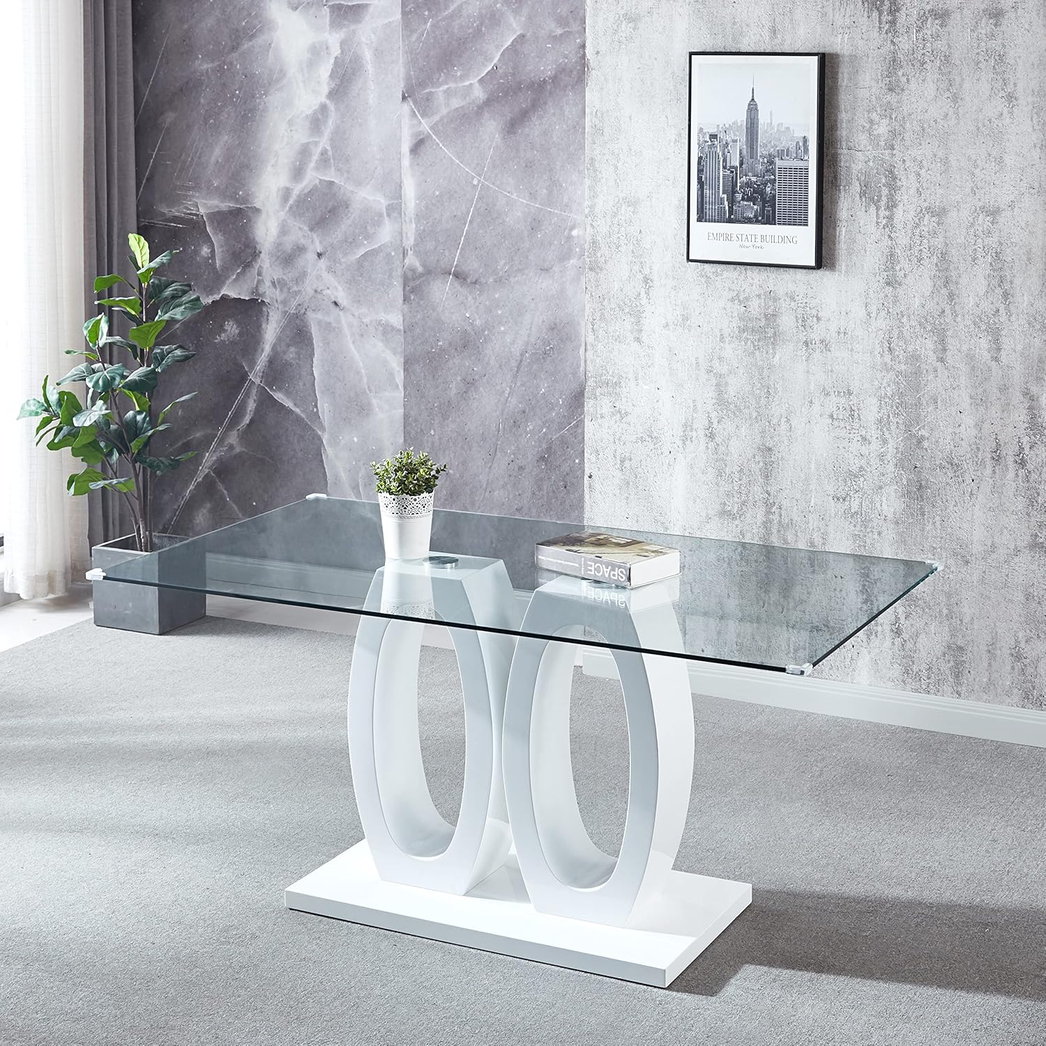 Contemporary Double Pedestal Dining Table, Tempered Glass Top with MDF Base W1311S00010