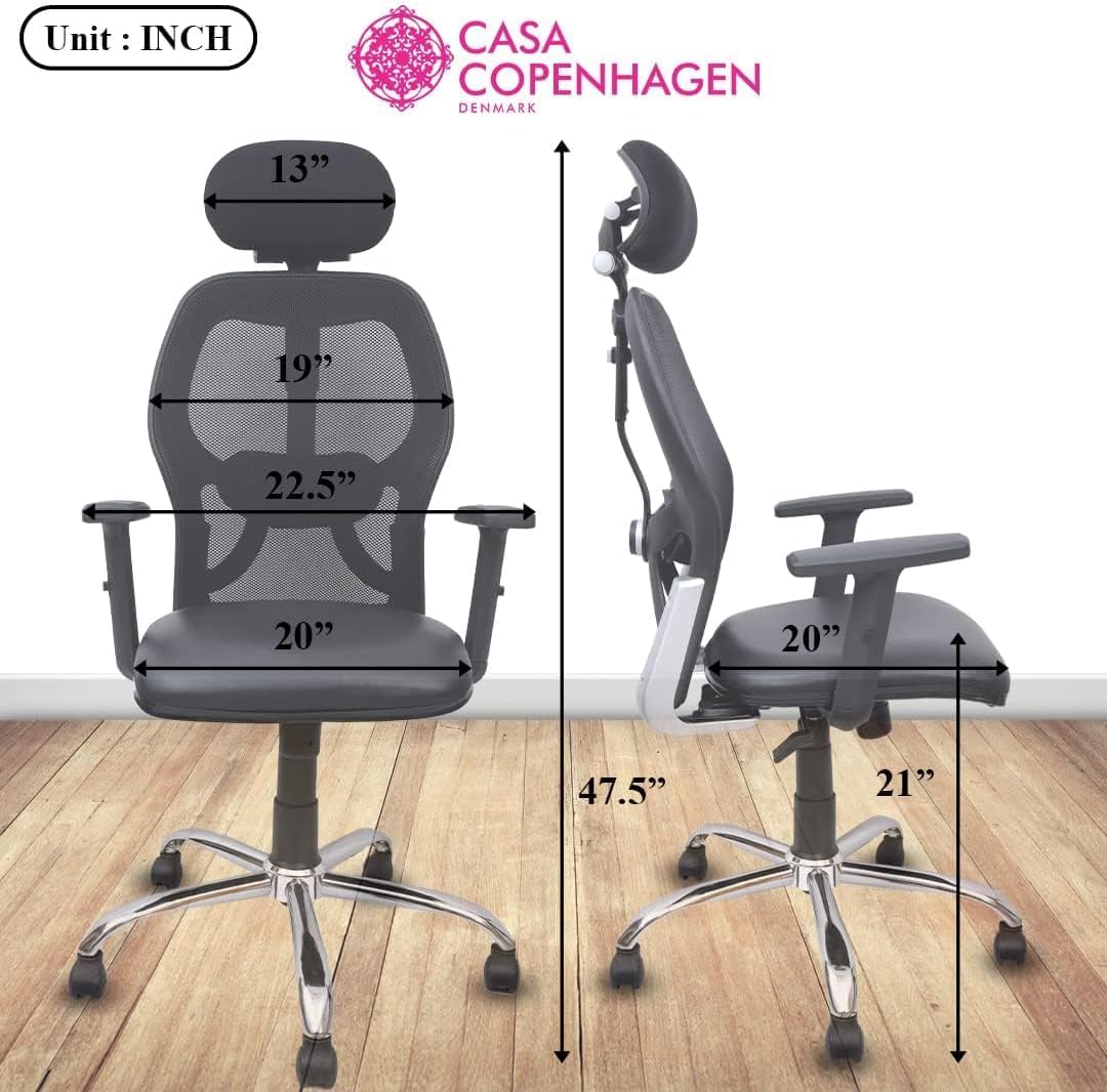 CASA COPENHAGEN® Executive Chair with Adjustable Lumbar Support, High-Back Mesh Computer Chair - Headrest, Soft Sponge Cushion & Tilt Function, Swivel Desk Task Chair for Work or Home - Black