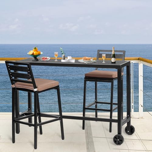 Outdoor Bar Table,63 Inch Black Patio Bar Height Counter Table,Console Table with Weather Resistant, Waterproof Slatted Top for Balcony, Yard, Garden, Pool, Indoor or Outdoor Use