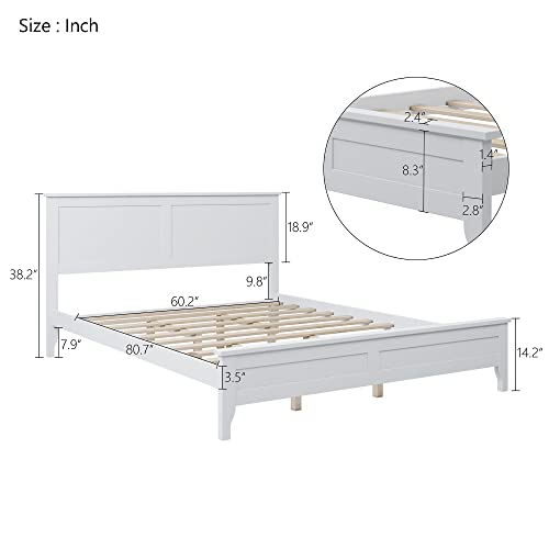 Wood Bed Frame with Headboard Wood Platform, No Box Spring Needed,White (Queen (U.S. Standard))