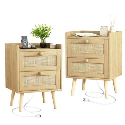 Rattan Nightstand with Charging Station Set of 2, Rattan Boho End Table with 2 Drawers Bedroom Bedside Side Tables Natural Night Stand for Living Room,Bedroom,Dorm Room Essentials