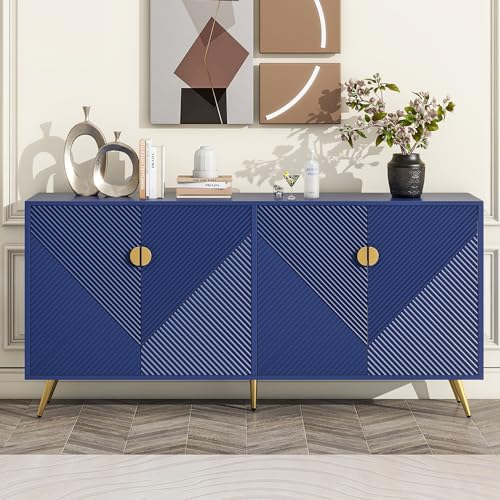 Merax Modern TV Stand for Televisions up to 80 Inches, Entertainment Center with Storage Drawers and Glass Door Cabinet, Marble-patterned Top Media Console Table & Metal Legs for Living Room, Blue