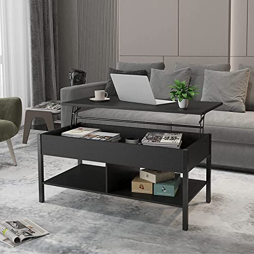 Lift Top Coffee Table,3 in 1 Multi-Function with Hidden Compartment and Storage Shelf,Wood Lifting Center Table,Convertible Coffee Table to Dining Table for Living Room,Home Office,Reception(Black)