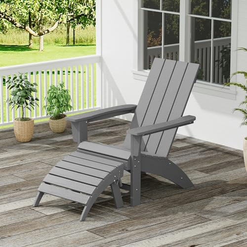 Adirondack Chair with Ottoman Weather Resistant Fire Pit Chairs with Footrest HDPE Outdoor Adirondack Chair for Patio Front Porch Pool Garden Deck Fire Pit Outside, White