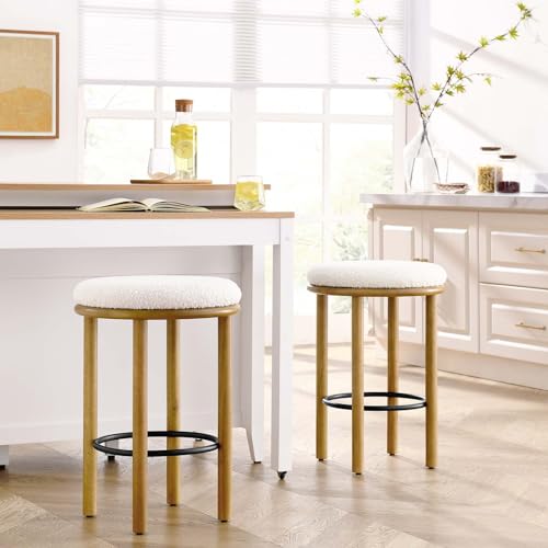 Modway Fable 26 Inch Backless Counter Stools Set of 2 in Walnut Taupe - Kitchen Stools Counter Height - 2Pcs Upholstered Padded Boucle Seat for Kitchen Counter or Island with Wood Legs and Footrest