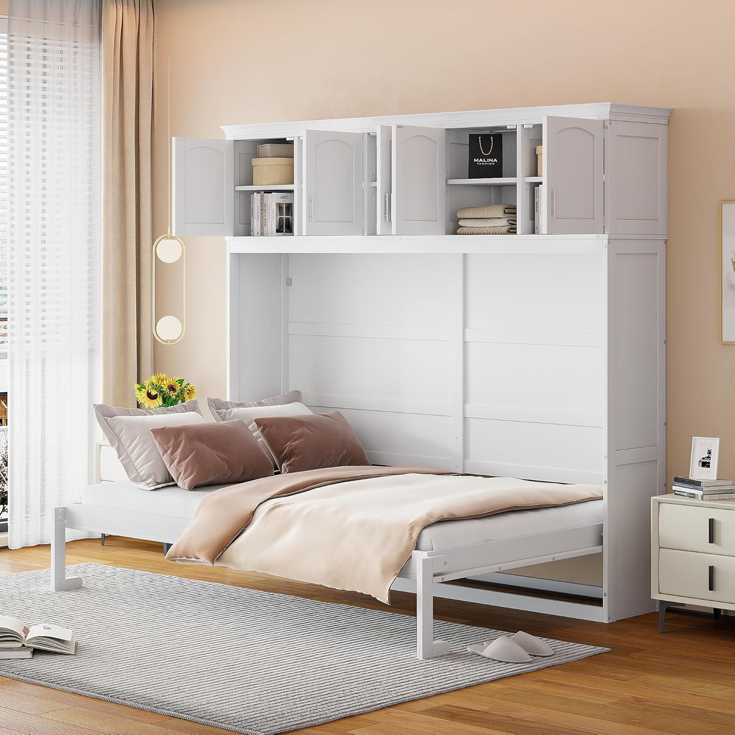 Queen Size Top Cabinets, Wardrobe High Saving Folding Murphy Wall Bed with Storage for Small Space, Guest Room, Home Office, White