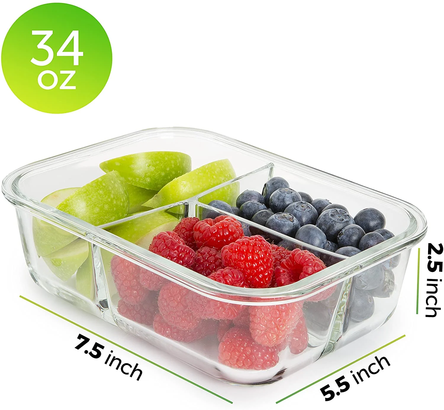 Prep Naturals - Glass Food Storage Containers - Meal Prep Container - 5 Packs, 3 Compartments, 34 Oz