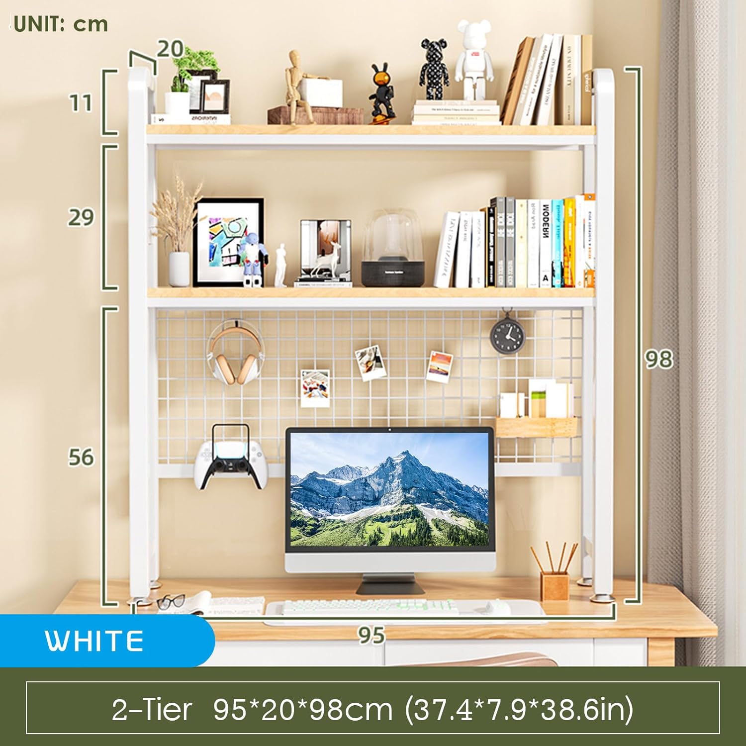 2-Tier Desktop Bookcase Wooden for Computer Desk Desktop Bookshelf Book Organizer,Multipurpose Display Rack,Dorm Desk Countertop Storage Hutch Book Shelves,White 37.4in