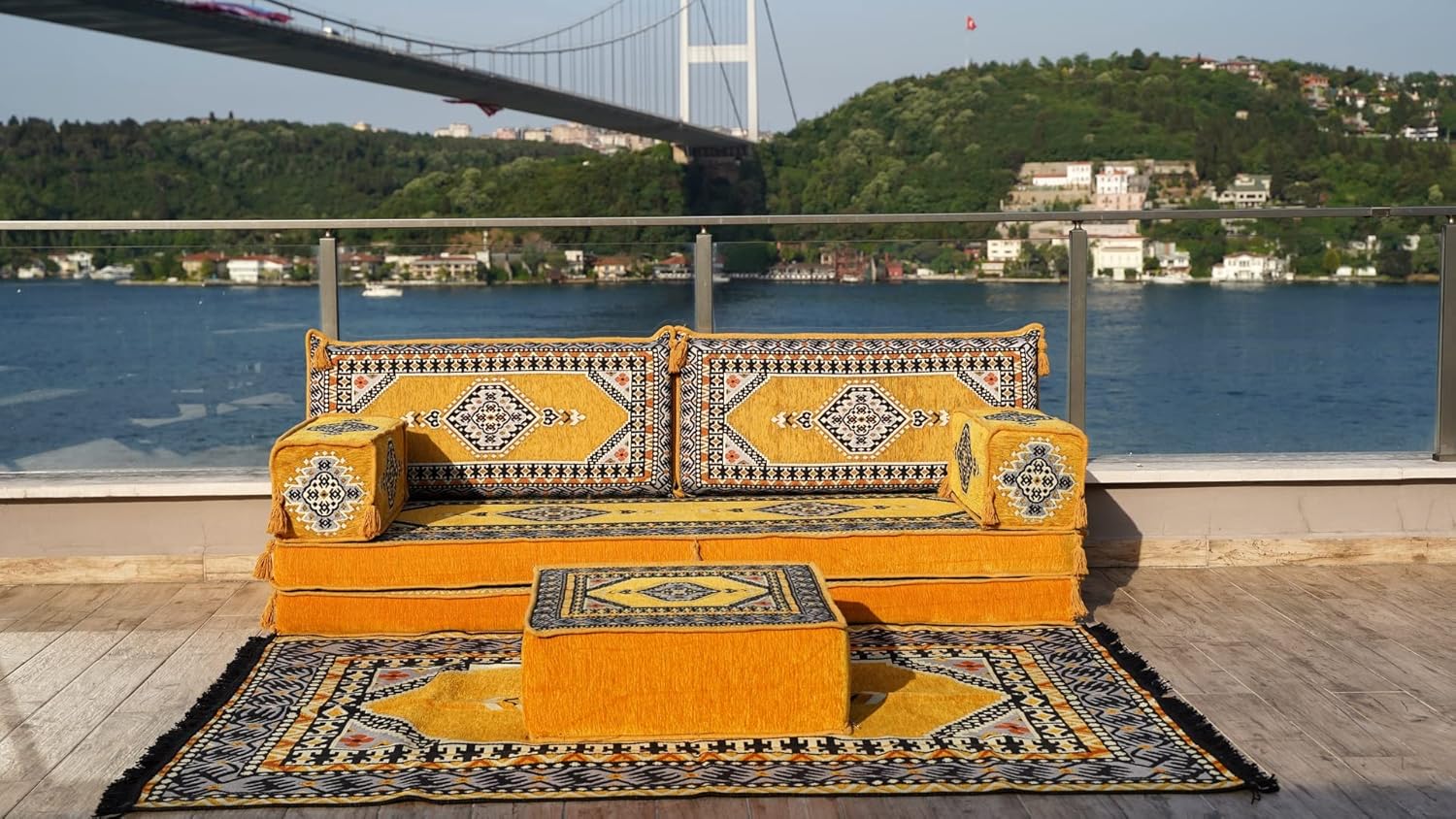 Arabic Floor Sofas, Moroccan Rug, Arabic Jalsa, Sectional Sofa, Oriental Sofa, Moroccan Floor Cushions, Ottoman Couch (8'' Thickness Sofa, Sofa + Rug + Ottoman, Yellow)