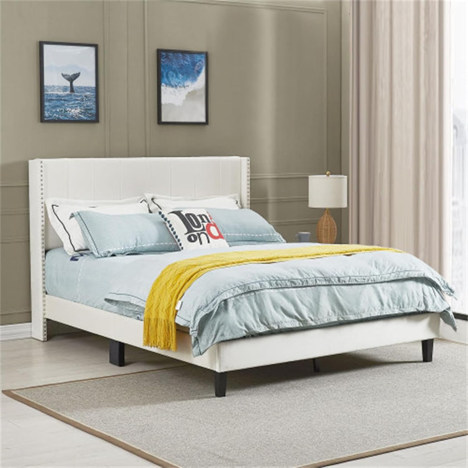 Home Single Double Bed Frame with Headboard Quality Simple Velvet Upholstered Bed Frame Beige