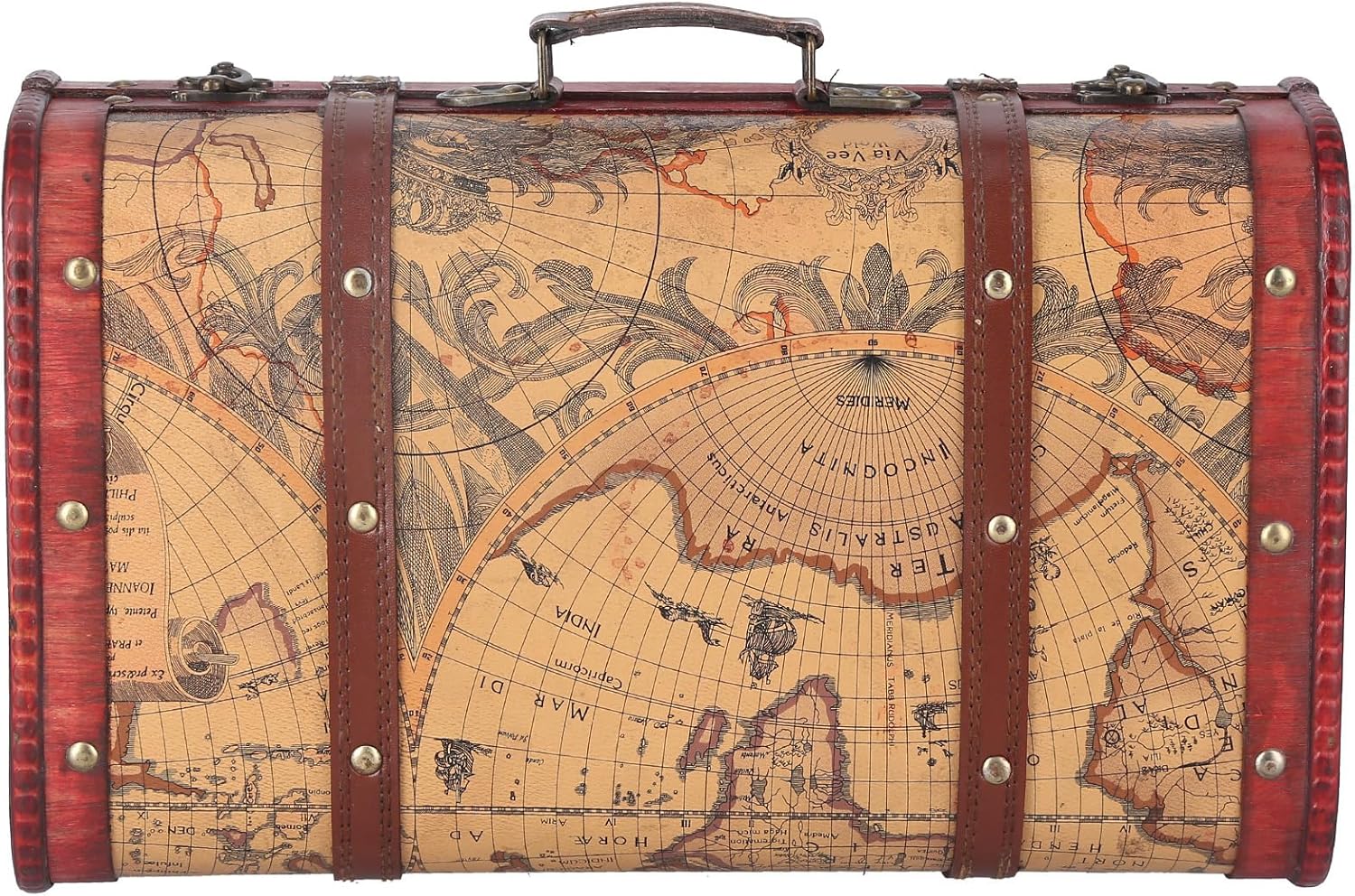 Vintage Suitcase, Decorative Treasure Wooden Trunk Antique Leather Suitcase Storage Box Map Portable Nostalgic Storage Box Collection Ornaments