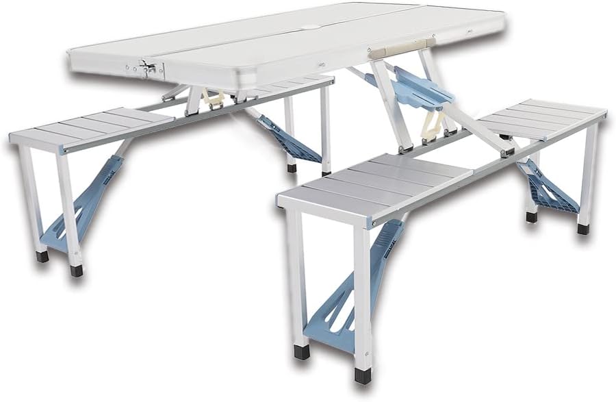 Foldable Picnic Table Portable Camping Table with Four Seats, 4ft Aluminum Integrated Fold Out Table and Chair, Light Card Table with Hand Handle and Sunshade Socket, Silver, 250lbs