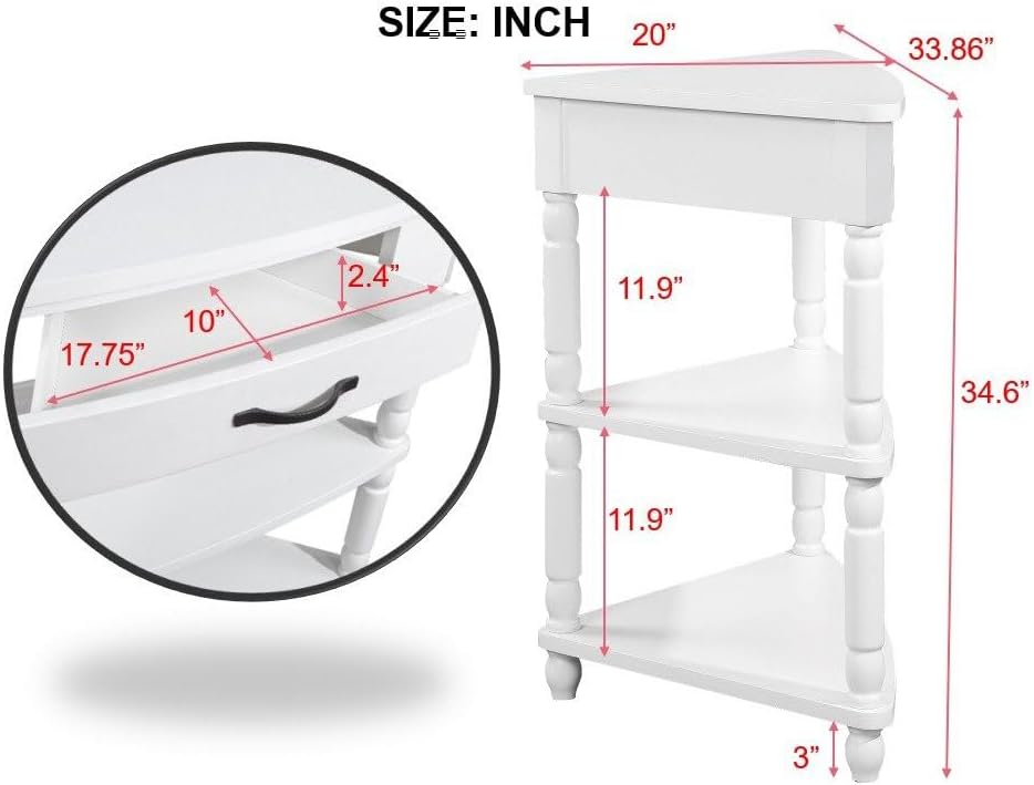 White Corner Table Accent Cabinet: Small End Table with Shelves Drawer