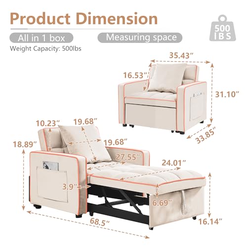 Convertible Sleeper Sofa Bed, 3 in 1 Tufted Velvet Loveseat Sofa Couch with Put Out Bed, Modern 2 Seater Sofa with Adjustable Back, 2 Pillows Side Pocket for Living Room Office, Gray