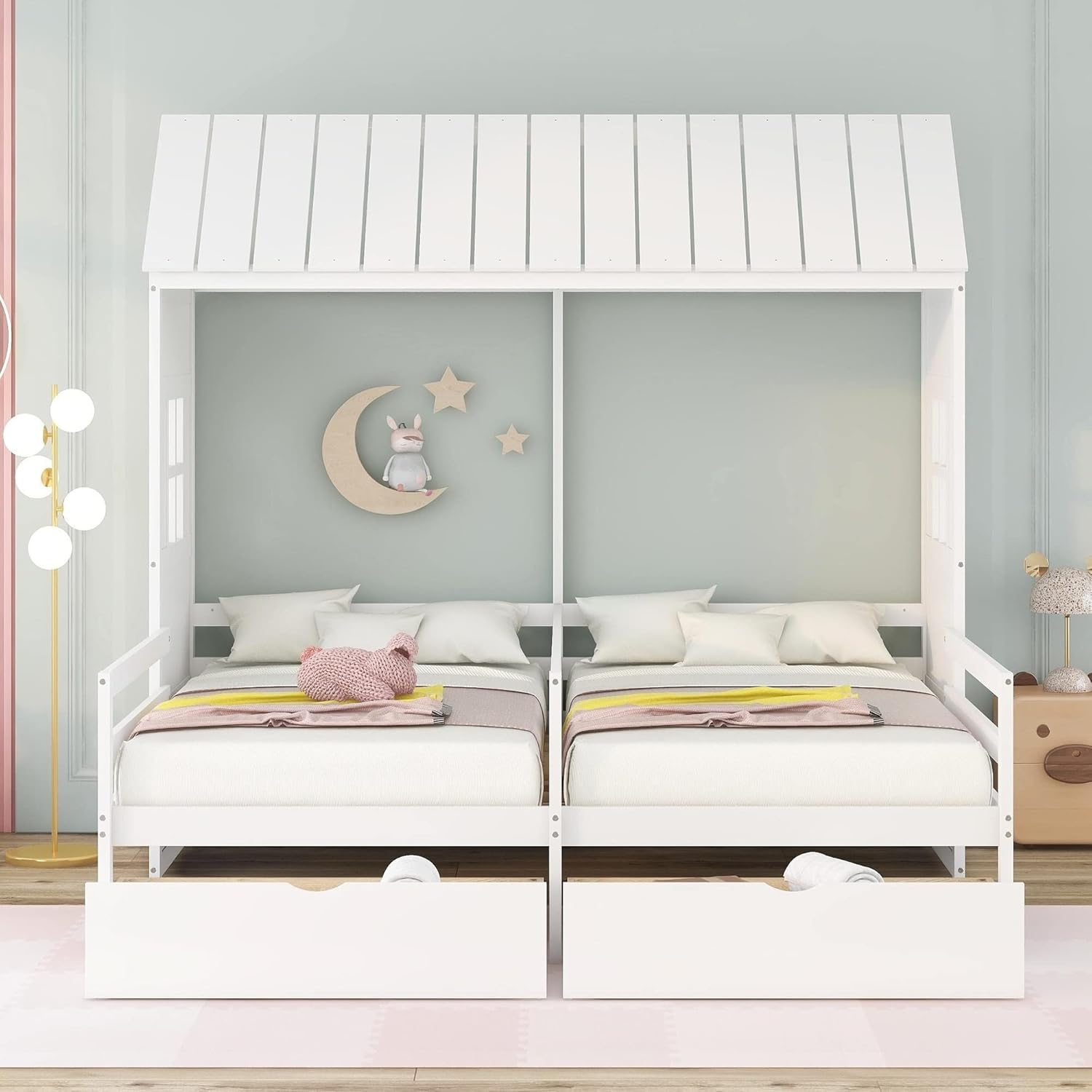 Twin House Bed with 2 Drawers White Modern Contemporary Wood