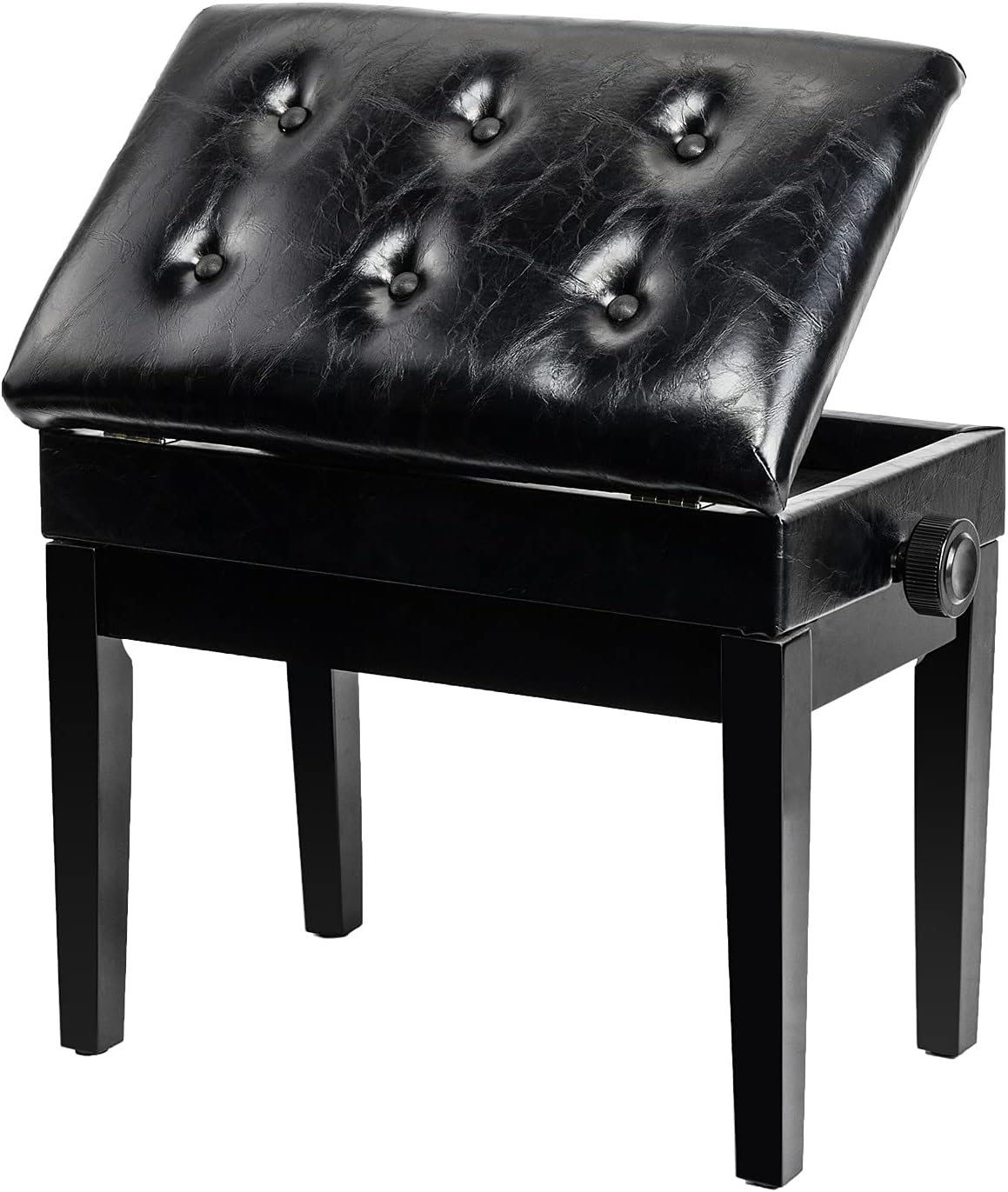 Bonnlo Adjustable Wooden Piano Bench Stool PU Leather Padded Seat with Music Storage Compartment, Black