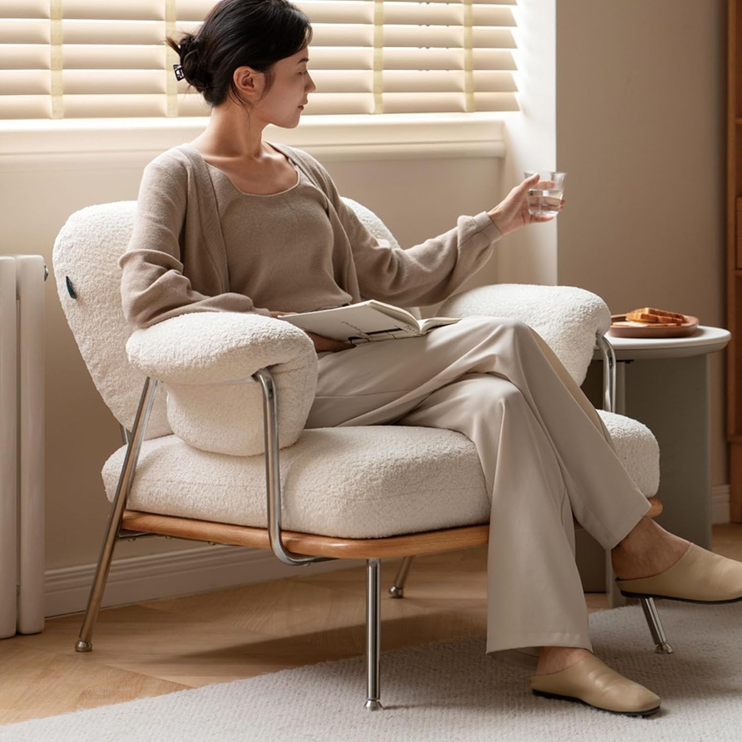 Mid-Century Modern Accent Chair Armchair, Soft Sherpa Sofa Lounge Chair Reading Chair with Metal Leg for Living Room Bedroom Office