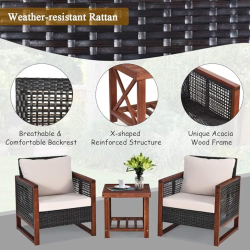 LDAILY 3 Pieces Patio Furniture Set, Rattan Outdoor Front Porch Chairs with Wood Coffee Table & Cushion, Comfy Wicker Conversation Patio Set for Movie Seating, Balcony, Garden, Poolside (Beige)